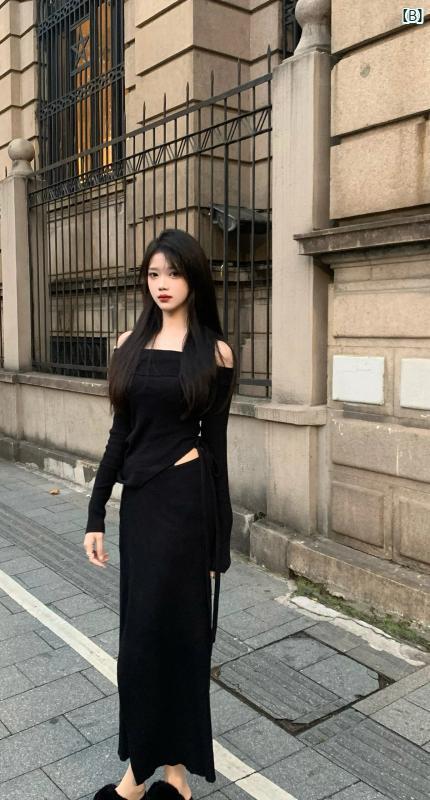 アーバンファッション　ファッション　モダン ブラック フレンチ ワンショルダー 長袖 ニット Tシャツ ハイウエスト ストラップ エレガント ハーフ レングス スカート 2点 スーツ