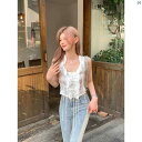 海外ファッション レディース 綺麗 大人 上品 ユニーク 夏 レディース ホワイト フレンチ サテン レース スプライシング 半袖 ノースリーブ トップ(4)