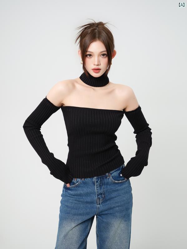 海外ファッション　レディース　綺麗　大人　上品 ワンショルダー ニット セーター レディース 春 インナー レイ ヤード シャツ ブラック オフショルダー スタイリッシュ ガール トップ