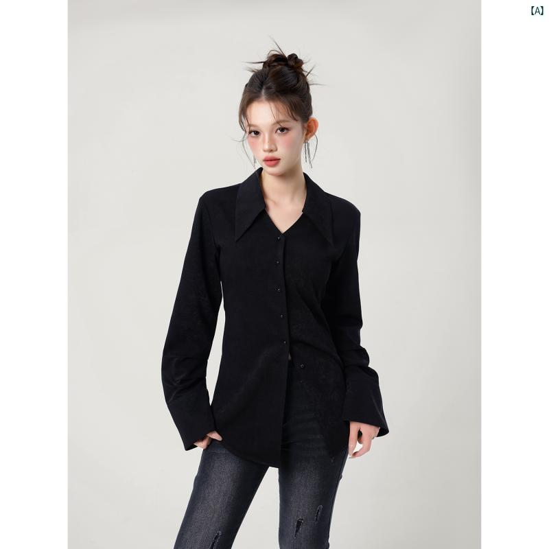 海外ファッション　レディース　綺麗　大人　上品 ブラック 長袖 ウエスト ポインテッドカラー シャツ レディース スリムフィット トップ