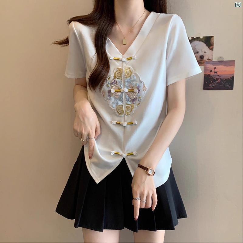 中国 刺繍 レトロ プレート ボタン 半袖 トップス レディース 夏 ファッション Vネック ウエスト シャツ