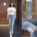 レディース 冬 ファッション アーバンファッション おしゃれ 中国 刺繍 カジュアル 九分丈 ジーンズ 夏 薄手 ハイウエスト スリム ストレート パンツ(4)