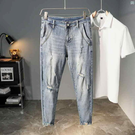 夏用 高級 淡色 リップド ジーンズ 裾細 スリムフィット 九分丈 パンツ スタイリッシュ 古風 夏用 高級 淡色 リップド ジーンズ 裾細 スリムフィット 九分丈 パンツ スタイリッシュ 古風