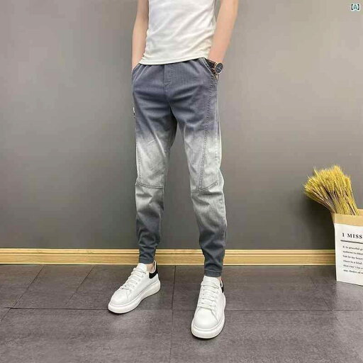 男性用 夏用 薄手 グラデーション ジーンズ 伸縮性 スリムフィット パンツ 小柄 足 九分丈 男性用 夏用 薄手 グラデーション ジーンズ 伸縮性 スリムフィット パンツ 小柄 足 九分丈