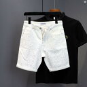 男性用 夏用 薄手 ホワイト デニムショートパンツ ホット ラインストーン スリムフィット 1667mm 丈 ズボン 伸縮性 カジュアル ミドル丈 パンツ(4)