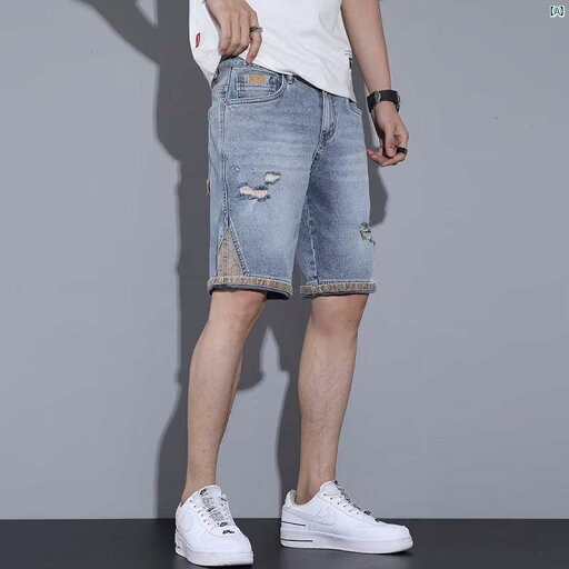 夏 薄手 ハイエンド 古風 リップド デニムショートパンツ メンズ ライト カラー スプライス ミッド パンツ 快適 耐久性 五分丈 夏 薄手 ハイエンド 古風 リップド デニムショートパンツ メンズ ライト カラー スプライス ミッド パンツ 快適 耐久性 五分丈