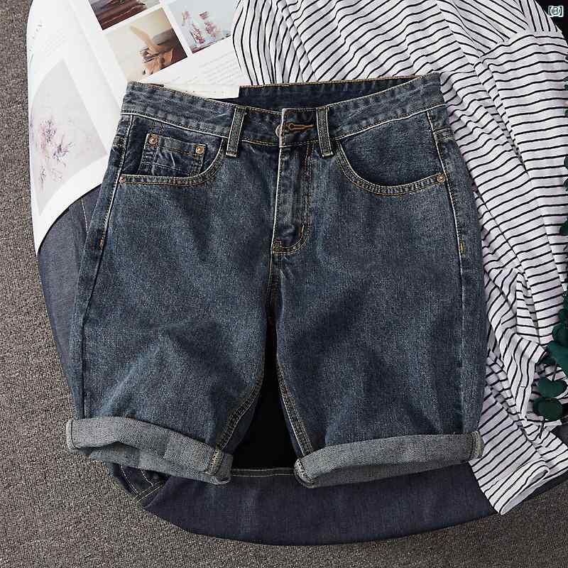 夏 薄手 ハイエンド 古風 リップド デニムショートパンツ メンズ ライト カラー スプライス ミッド パンツ 快適 耐久性 五分丈