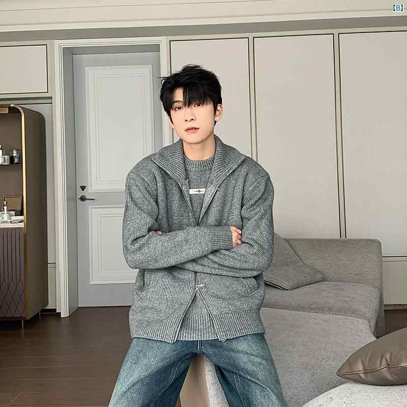 フェイク 2点 セーター メンズ 冬 カーディガン コート 韓国 コットン アウター タートルネックセーター