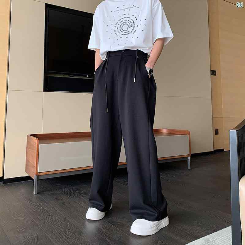 夏 耐久性 ウエスト グレー カジュアル パンツ メンズ ストレート ワイド レッグ 韓国 オーバー サイズ フロアレングス