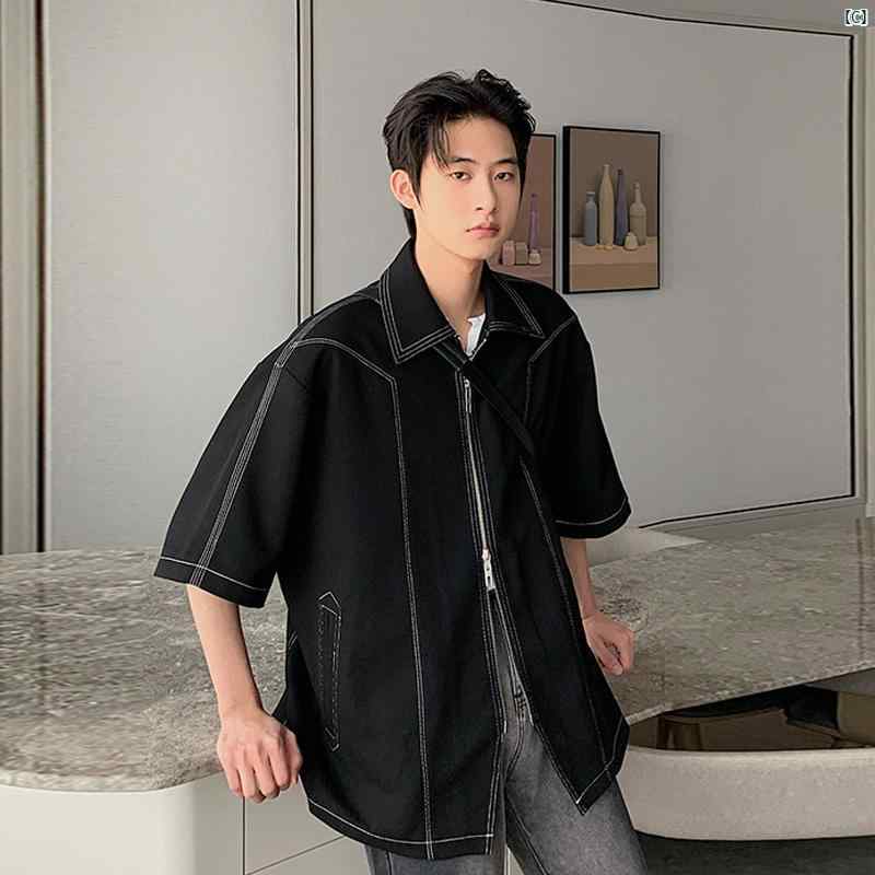 夏 ジッパー カーディガンジャケット メンズ 四分袖 カジュアル レトロ オーバー サイズ トップ 半袖 シャツ