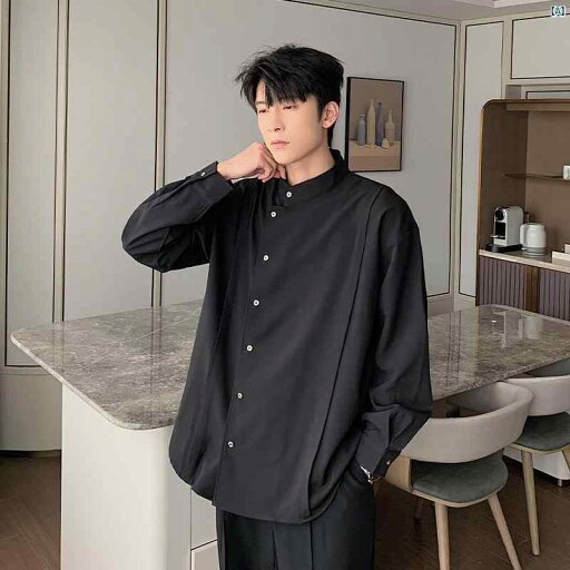中華風 メンズ ブラック シャツ 春秋 カジュアル 韓国 男性用 オーバー サイズ トップ 中華風 メンズ ブラック シャツ 春秋 カジュアル 韓国 男性用 オーバー サイズ トップ