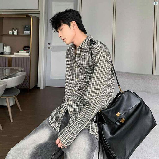 ブルー チェック柄 シャツ ジャケット メンズ 長袖 ハイエンド 秋 トップ ブルー チェック柄 シャツ ジャケット メンズ 長袖 ハイエンド 秋 トップ