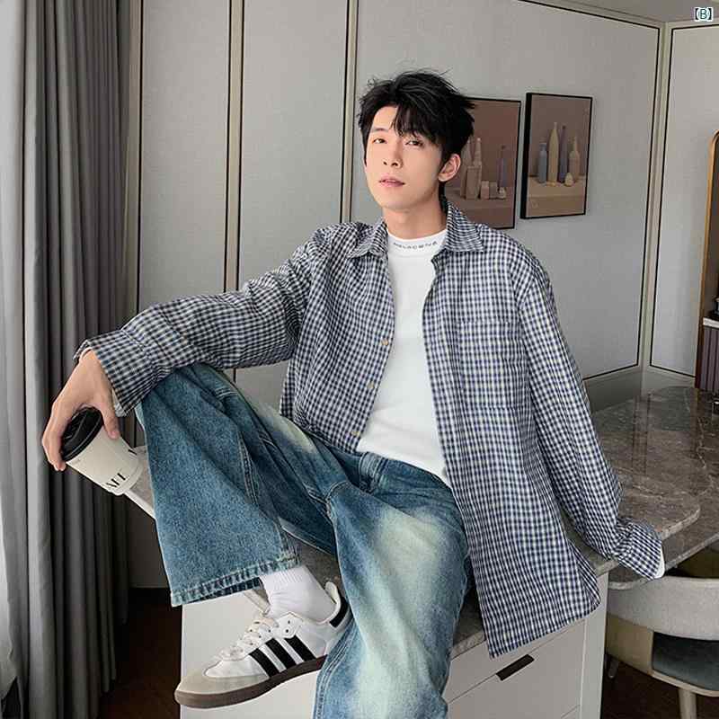 ブルー チェック柄 シャツ ジャケット メンズ 長袖 ハイエンド 秋 トップ