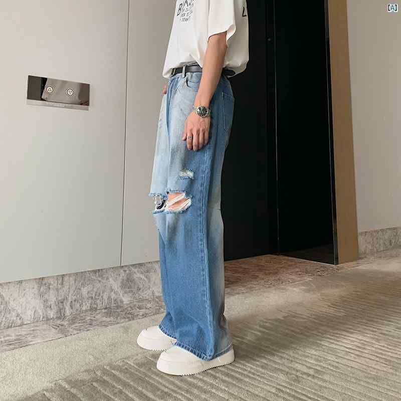メンズ　ファッション　おしゃれ　韓国　韓国ファッション　アーバン 夏 リップド ジーンズ メンズ ストレート パンツ 韓国 快適 ワイド レッグ