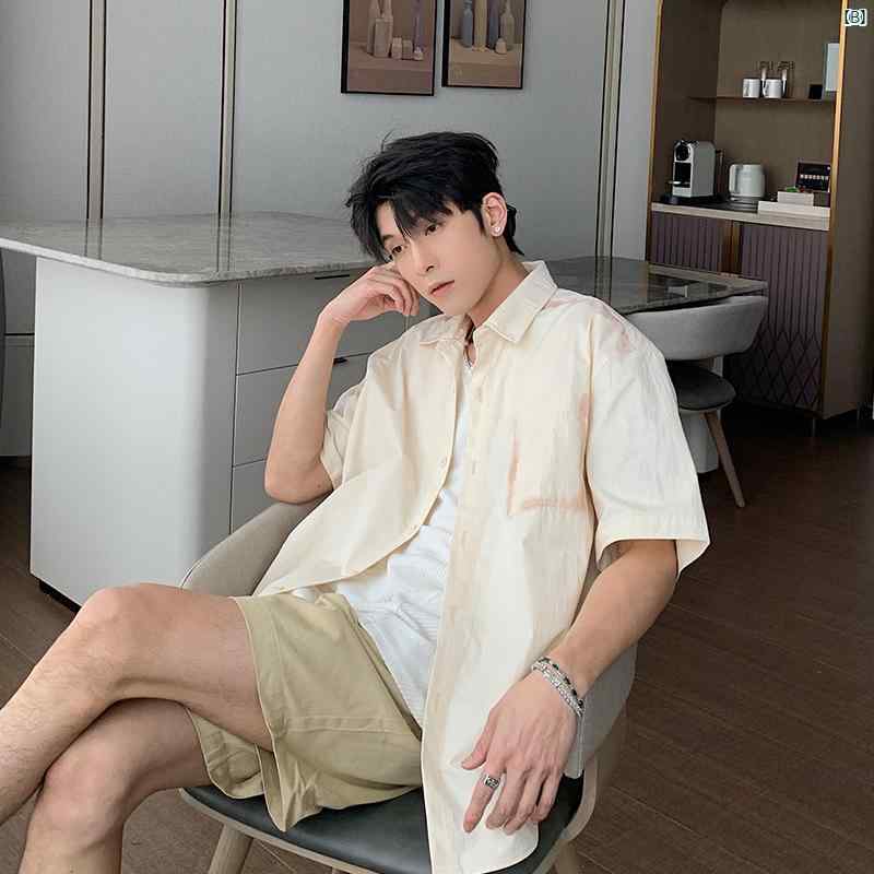 メンズ　ファッション　おしゃれ　韓国　韓国ファッション　アーバン サマー シャツ メンズ 半袖 薄手 服 カジュアル ホワイト クリーン フィット 快適 トップ