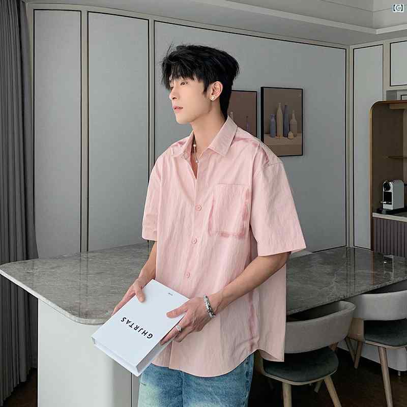 メンズ　ファッション　おしゃれ　韓国　韓国ファッション　アーバン サマー シャツ メンズ 半袖 薄手 服 カジュアル ホワイト クリーン フィット 快適 トップ