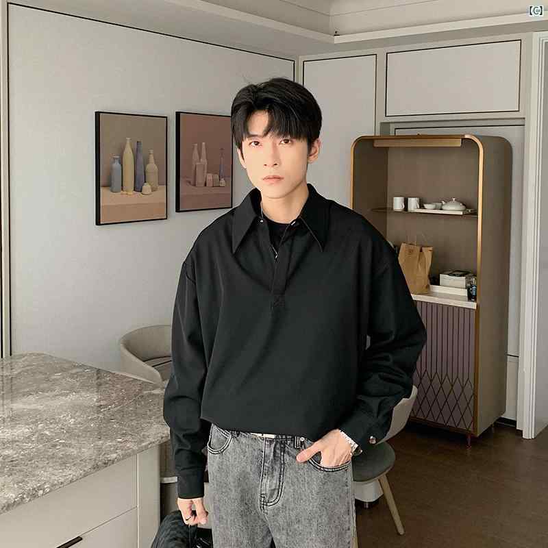 メンズ　ファッション　おしゃれ　韓国　韓国ファッション　アーバン 秋 プルオーバー ポロシャツ メンズ 長袖 ソリッドカラー シャツ カジュアル グレー トップ