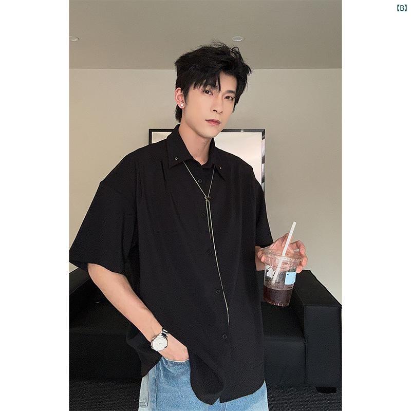 メンズ　ファッション　おしゃれ　韓国　韓国ファッション　アーバン 夏 メンズ ネックレス 装飾 半袖 シャツ ファッション 韓国 カジュアル トップス