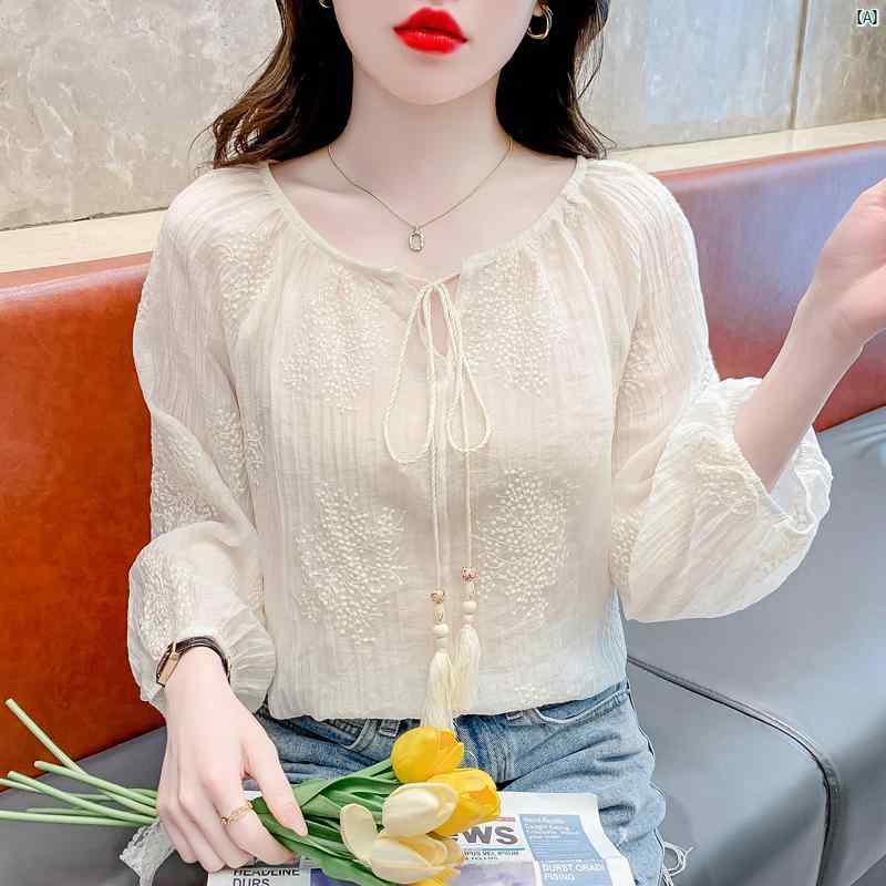 レディース　ファッション　おしゃれ　韓国　韓国　海外ファッション　おしゃれ シャツ 初秋 フレンチ 刺繍 ラグラン 袖 ラウンドネック レース スリム トップ