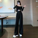 レディース ファッション おしゃれ 韓国 海外ファッション アーバンファッション ドレープ スーツ パンツ ハイウエスト ワイド レッグ スリム ブラック カジュアル 春秋 着用(4)