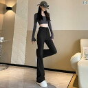 レディース ファッション おしゃれ 韓国 海外ファッション アーバンファッション スーツ マイクロフレア パンツ 夏 ハイウエスト スリム グレー ブレスト カジュアル ワイド レッグ(4)