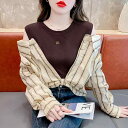 レディース レディース アーバンファッション モダンファッション 海外 欧州 個性的 アーバン ストライプ 長袖 シャツ 春 ファッション 美しい フェイク 2点 オフショルダー 初秋 トップス(4)