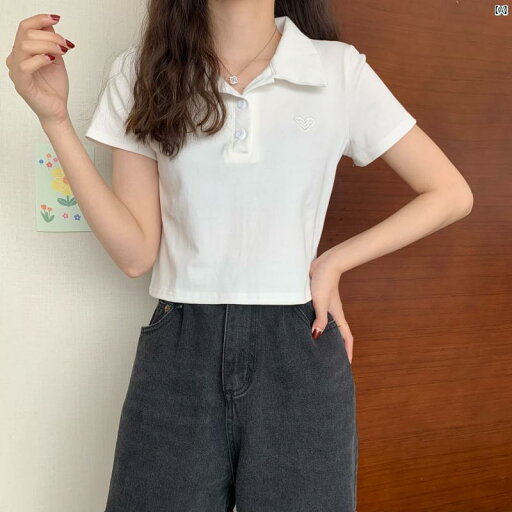 ピンク 愛 刺繍 半袖 Tシャツ レディース 夏 薄手 ポロシャツ ハイウエスト ショート トップ ピンク 愛 刺繍 半袖 Tシャツ レディース 夏 薄手 ポロシャツ ハイウエスト ショート トップ