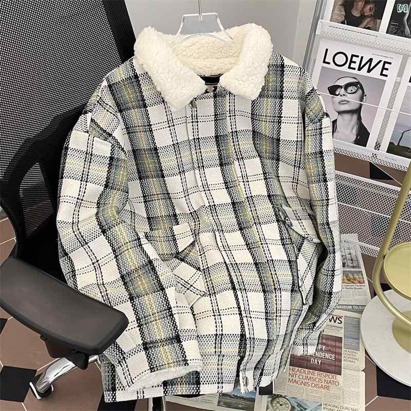 メンズ　海外ファッション　　韓国 冬 ラムウール コットン コート メンズイン レトロ 厚手 暖かい カジュアル チェック柄 コットンコート