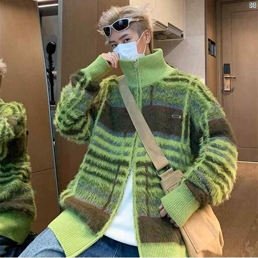 メンズ 海外ファッション 韓国 冬 ストライプカラー ブロック スタンドカラー カーディガン セーター メンズ レトロ 毛皮 ジャケット メンズ 海外ファッション 韓国 冬 ストライプカラー ブロック スタンドカラー カーディガン セーター メンズ レトロ 毛皮 ジャケット