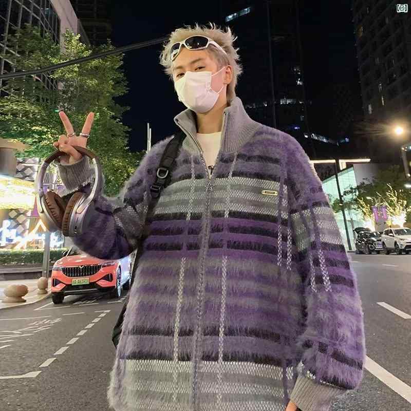 メンズ　海外ファッション　　韓国 冬 ストライプカラー ブロック スタンドカラー カーディガン セーター メンズ レトロ 毛皮 ジャケット