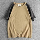 メンズ 韓国 オルチャンファッション ストリート アミ カーキ レトロ コントラスト ラグラン スリーブ 半袖 Tシャツ 双 糸 コットン ウォッシュド ラウンドネック カジュアル ボトムス