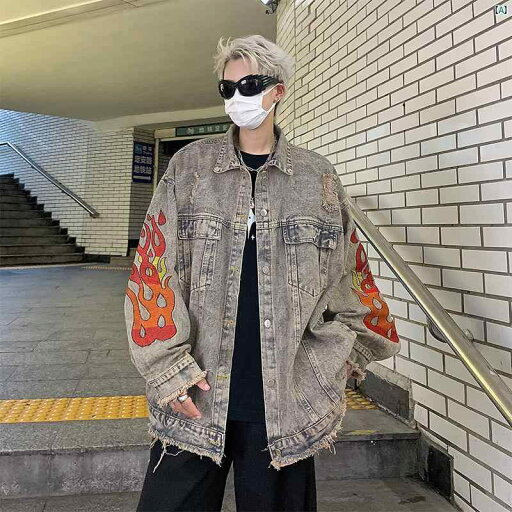 メンズ 韓国 オルチャンファッション ストリート ワークウェア デニム ジャケット 春秋 アメリカン レトロ 炎 刺繍 ウォッシュ 加工 ダメージ カジュアル メンズ 韓国 オルチャンファッション ストリート ワークウェア デニム ジャケット 春秋 アメリカン レトロ 炎 刺繍 ウォッシュ 加工 ダメージ カジュアル