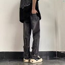 メンズファッション 海外ファッション メンズ アメリカン レトロ ストリート パンツ ハイエンド 秋 ワークウェア ストラップ 付き ジッパー ジーンズ スリム ストレート