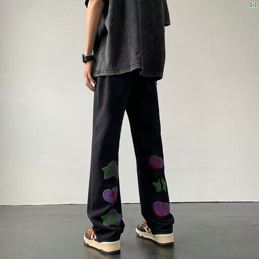 メンズファッション 海外ファッション 中国 アメリカン レトロ パンツ ストリート ファッション イエロー 色 泥 染め スター 刺繍 ジーンズ メンズ ストレート レッグ ブーツ カット メンズファッション 海外ファッション 中国 アメリカン レトロ パンツ ストリート ファッション イエロー 色 泥 染め スター 刺繍 ジーンズ メンズ ストレート レッグ ブーツ カット