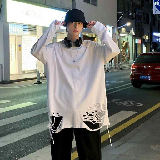 メンズ 韓国ファッション メンズファッション メンズ 穴 付き 長袖 Tシャツ ストリート スウェットシャツ 春 カップル トップ メンズ 韓国ファッション メンズファッション メンズ 穴 付き 長袖 Tシャツ ストリート スウェットシャツ 春 カップル トップ