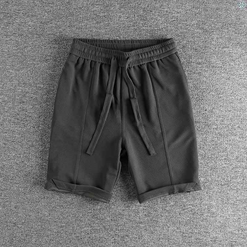 メンズ　海外ファッション　韓国　ストリート スリット 裾 無地 ワッフル カジュアル メンズショート パンツ 通気性 快適 アメリカン スポーツ