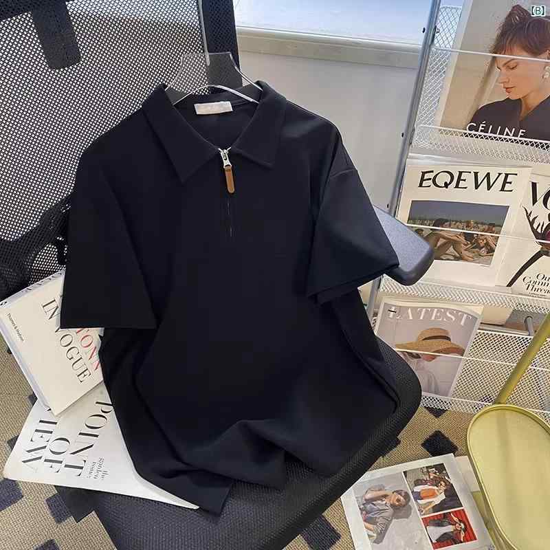 メンズ 韓国 　ファッション　ストリート 製 無地 スプライス ポロシャツ Tシャツ 夏 男子用 ゆったり 快適 カジュアル ハーフ ジッパー 半袖