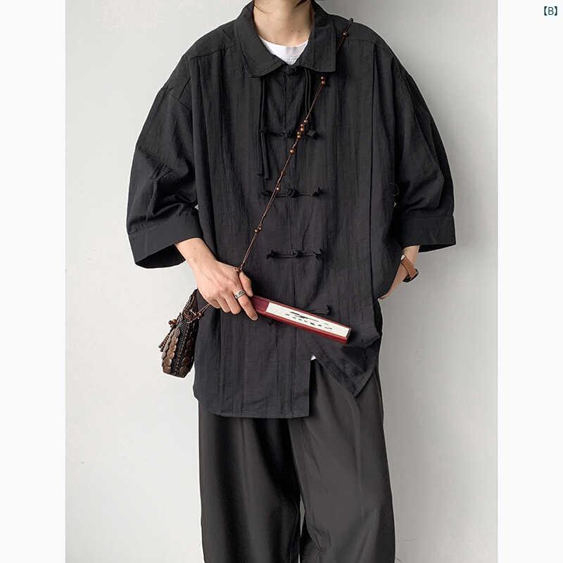 メンズ 韓国 　ファッション　ストリート 中華風 紳士服 七分袖 シャツ メンズジャケット 夏 漢服 唐 スーツ メンズ チュニック ローブ 男性