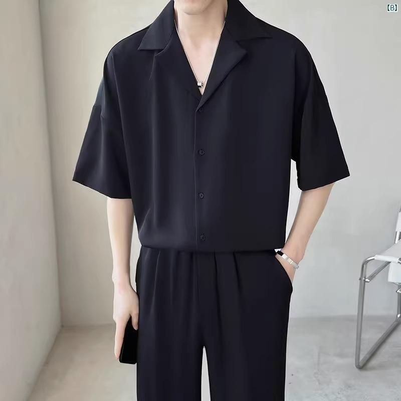 メンズ　ファッション　　大人ファッション ブラック キューバ カラー 冷感 シャツ 半袖 ハイエンド ドレープ 英国 ヤッピー メンズシャツ 夏 薄手