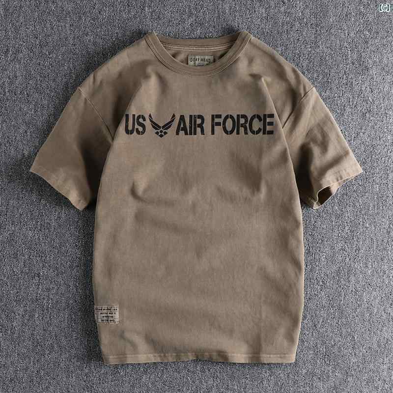 メンズ　ファッション　　大人ファッション シンプル ミリタリー レター プリント 半袖 Tシャツ 男性用 アミ カーキ レトロ ヘビーウォッシュ 0 G コットン ラウンドネック ハーフスリーブ