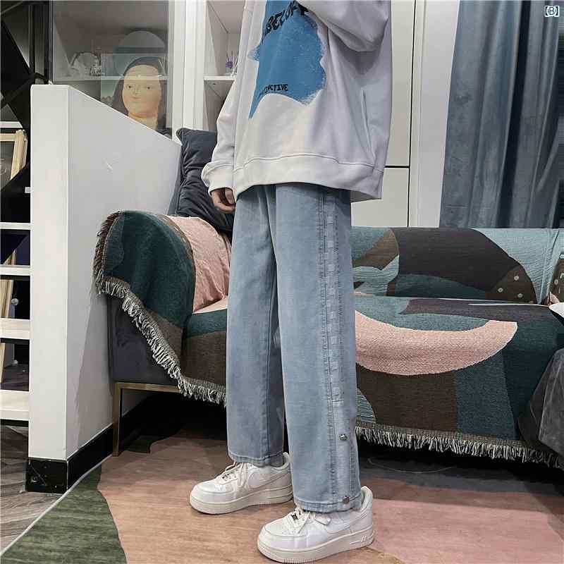 メンズ　ファッション　　大人ファッション アメリカン イン ストリート チェック柄 スプライシング ジーンズ メンズ ストレート ワイド レッグ パンツ 春 ロング