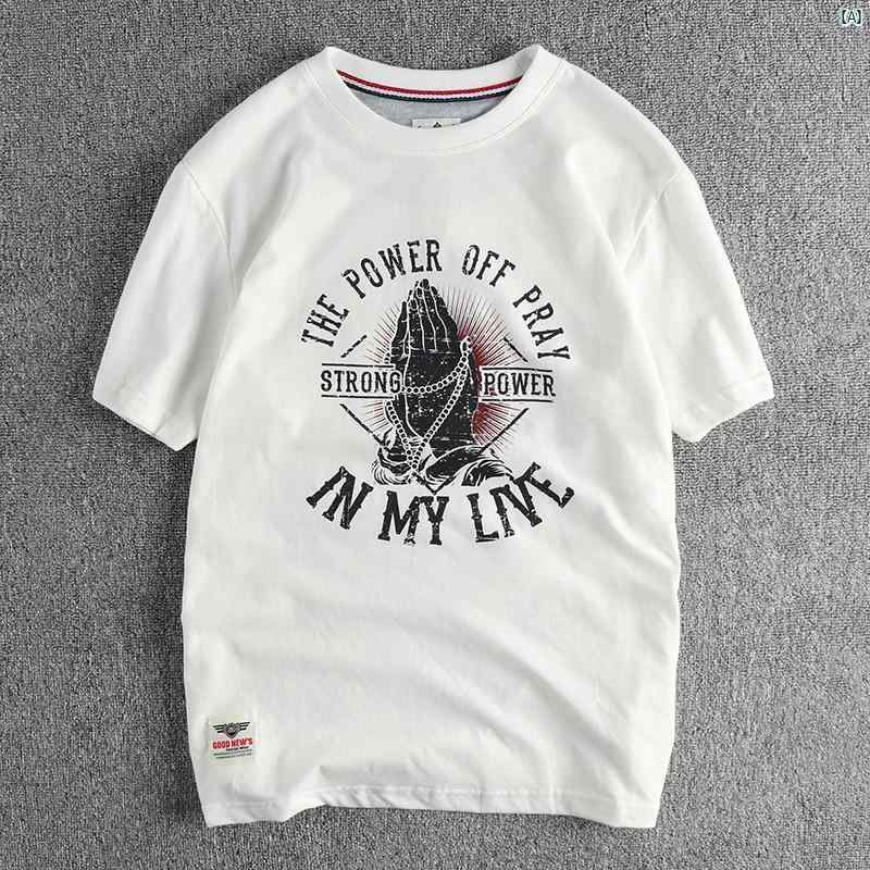 楽天kn.ow departmentメンズ　ファッション　　大人ファッション ストリート レトロ 仏 手柄 半袖 Tシャツ 男性用 ウォッシュ 起毛 コットン 快適 ラウンドネック