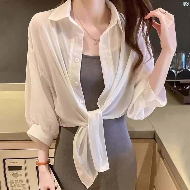 レディース　カジュアル　きれいめ　上品　大人　かわいい　ファッション 日焼け防止 シャツ 夏 ファッション 通気性 高さ カジュアル 薄手 シフォン トップ