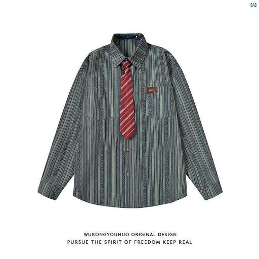 メンズ 海外ファッション レトロ ストライプ 長袖 シャツ 男性用 ネクタイ 付き JK 制服 カレッジ カジュアル メンズ 海外ファッション レトロ ストライプ 長袖 シャツ 男性用 ネクタイ 付き JK 制服 カレッジ カジュアル