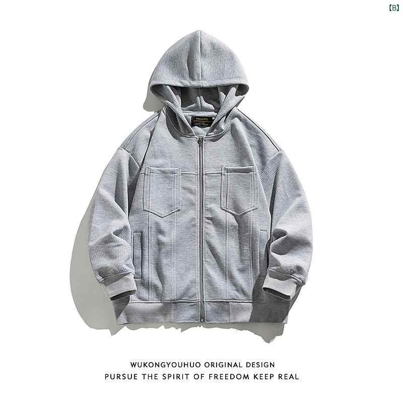 メンズ　海外ファッション レディース レトロ ワッフル マルチ ポケット フード付き カーディガン スウェットシャツ 秋 カップル ジャケット