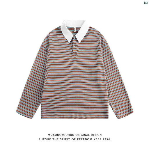 メンズ 海外ファッション 秋 レトロ ストライプ コントラスト ポロ シャツ ゆったり カップル 長袖 Tシャツ す メンズ 海外ファッション 秋 レトロ ストライプ コントラスト ポロ シャツ ゆったり カップル 長袖 Tシャツ す