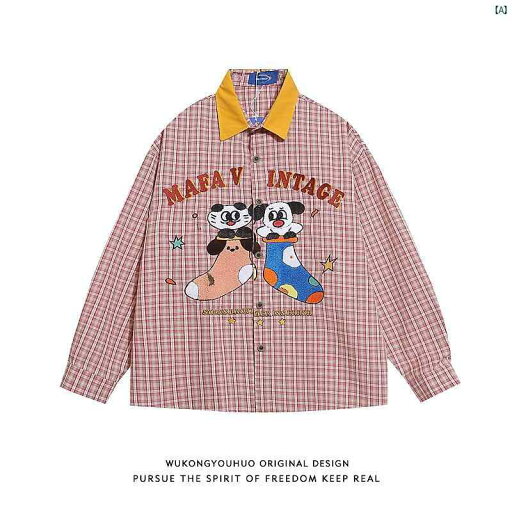 メンズ メンズファッション ファッション 秋 カップル 男性用 レトロ ピンク チェック柄 タオル 刺繍 長袖 シャツ メンズ メンズファッション ファッション 秋 カップル 男性用 レトロ ピンク チェック柄 タオル 刺繍 長袖 シャツ
