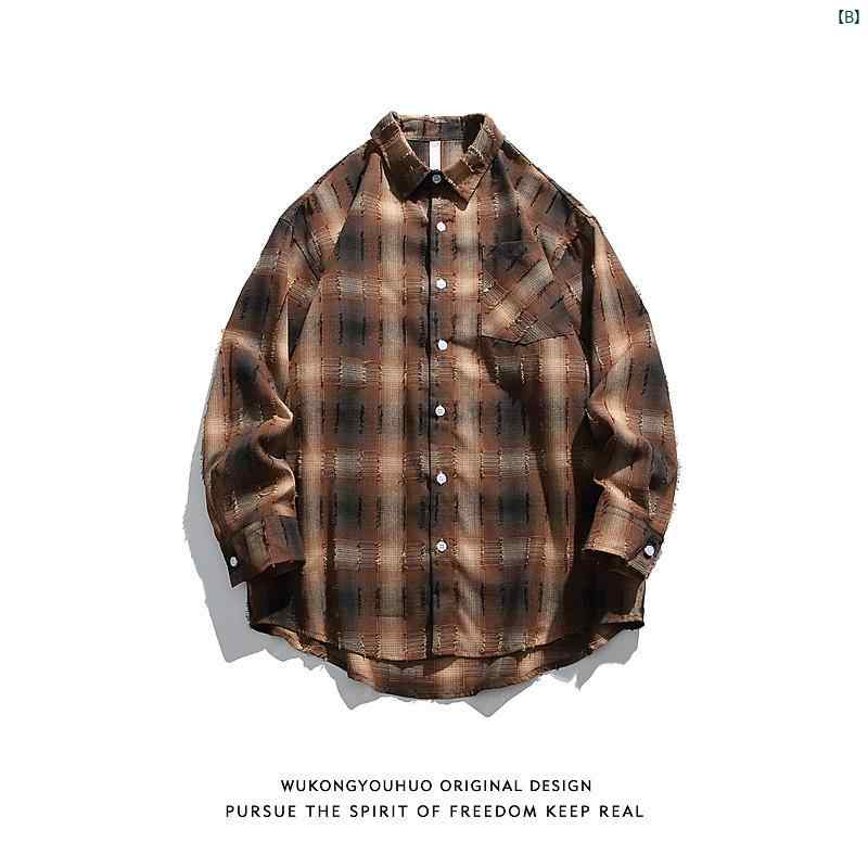 メンズ　メンズファッション　ファッション　ヤング　20代 レディース アメリカン 破壊 チェック柄 ロー エッジ 長袖 シャツ カップル 秋 レトロ ルーズ カジュアル す