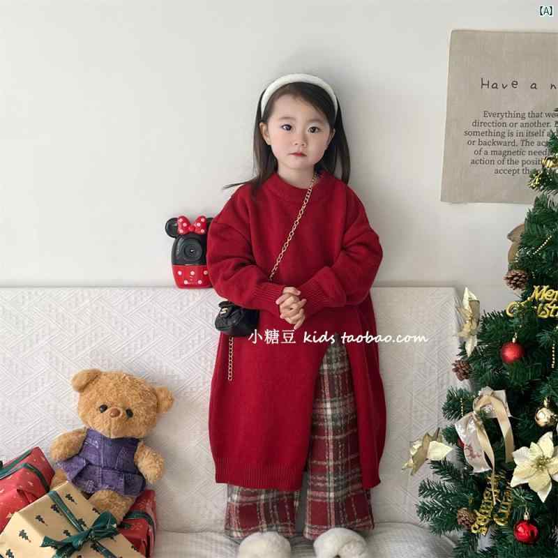 子供 レッド ニット ドレス 冬 新 韓国 ガールズ 厚手 ミドル丈 セーター スカート ジャケット