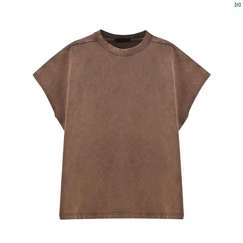 メンズ　海外ファッション　メンズファッション　大人 レトロ ダメージ 加工 施 クリーン フィット ソロ ナ スモール ネック ライン ラウンドネック ノースリーブ Tシャツ スプライシング チョッキ 付き